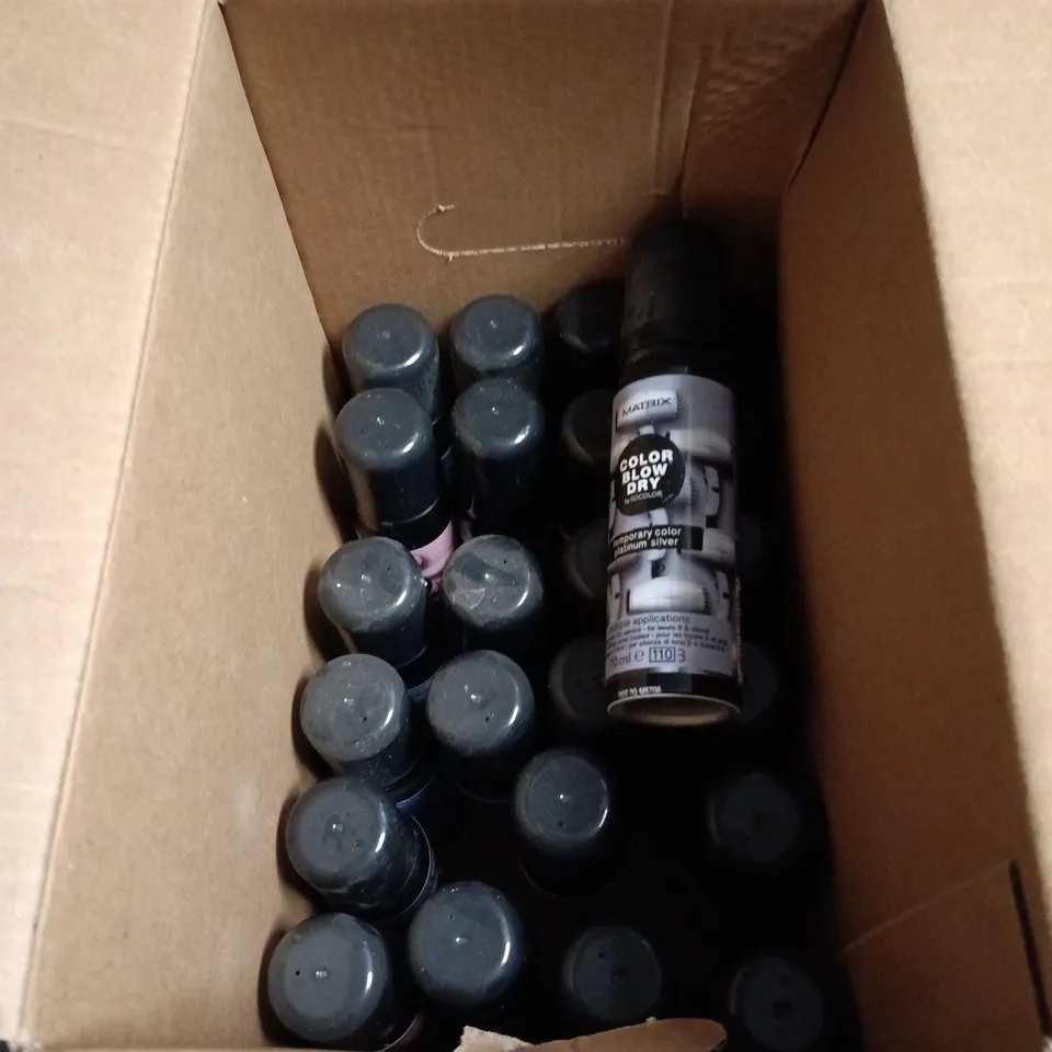 BOX OF APPROXIMATELY 20 MATRIX HAIR CARE PRODUCTS INCLUDING COLOR BLOW DRY TITANIUM SILVER/PLATINUM SILVER/STONEWASHED DENIM