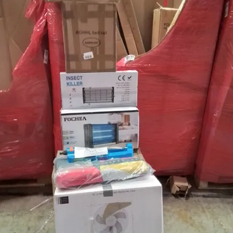 PALLET CONTAINING VARIOUS ASSORTED BOXED HOUSEHOLD ITEMS TO INCLUDE: CAT HAMMOCK, BED RAIL, INSECT KILLERS, FAN, SPRINKLER AND LOTS MORE UNMARKED BOXED ITEMS 