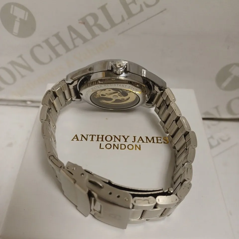 BOXED ANTHONY JAMES SKELETON WATCH - AUTOMATIC - STAINLESS STEEL - SKELETON FACE - WATER RESISTANT. 
