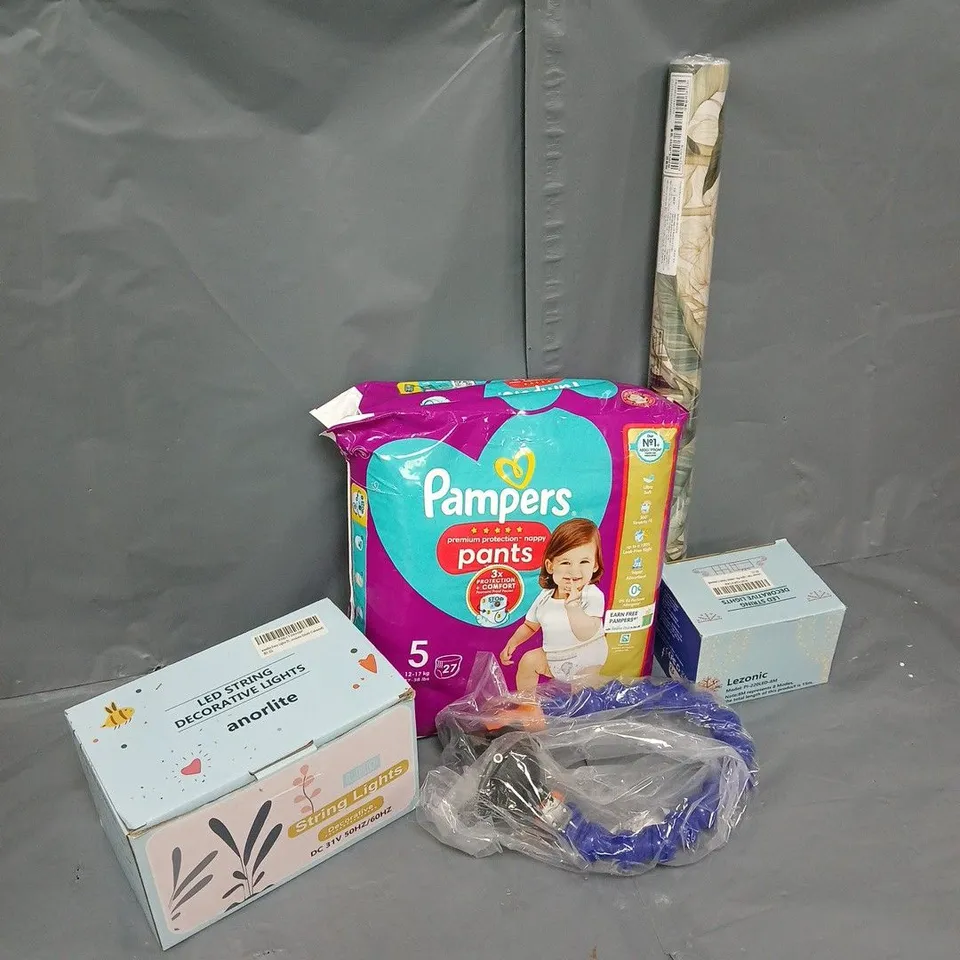 APPROXIMATELY 22 ASSORTED HOUSEHOLD ITEMS TO INCLUDE WALLPAPER, PAMPERS PANTS, STRING LIGHTS, ETC