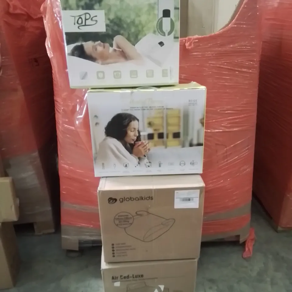 PALLET CONTAINING VARIOUS ASSORTED BOXED HOUSEHOLD ITEMS TO INCLUDE: HEATED THROWS, CHILDREN'S CAR SEAT  AIR BED, MAGNET DART BOARDS AND LOTS MORE UNMARKED BOXED ITEMS 