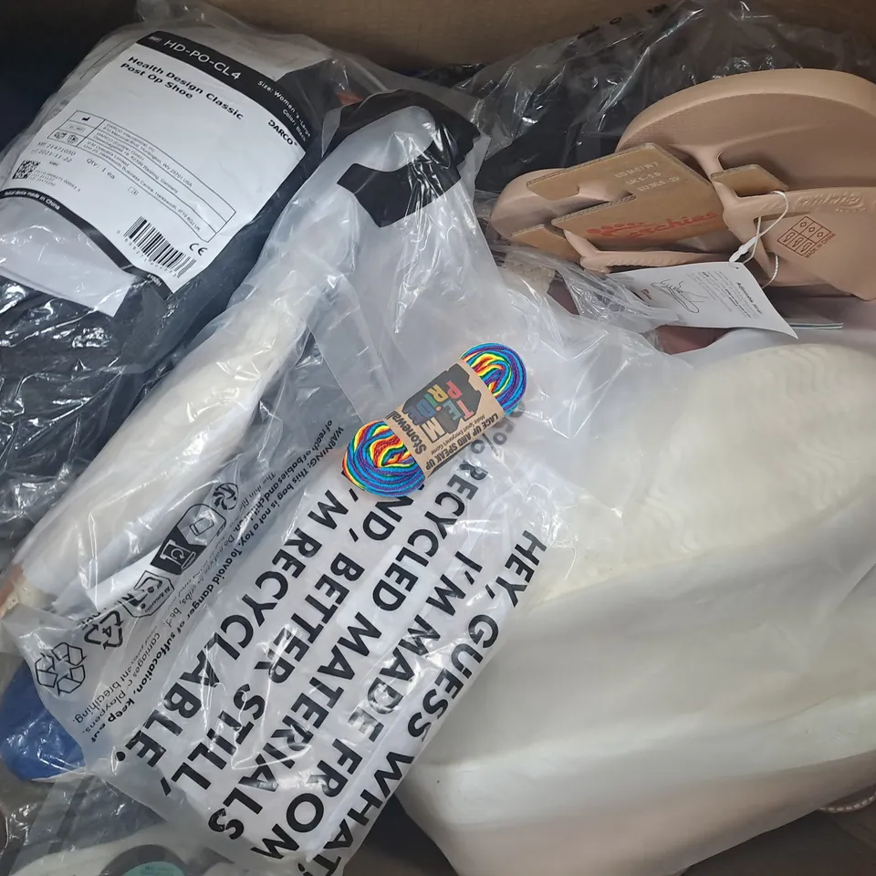 BOX OF APPROXIMATELY 10 ASSORTED PAIRS OF SHOES AND FOOTWEAR ITEMS IN VARIOUS COLOURS, STYLES, AND SIZES - COLLECTION ONLY