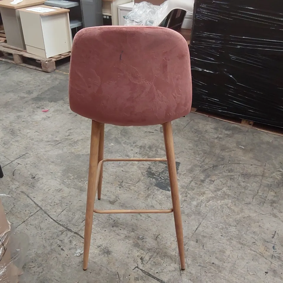 DESIGNER PINK VELVET BAR CHAIR WITH WOODEN LEGS