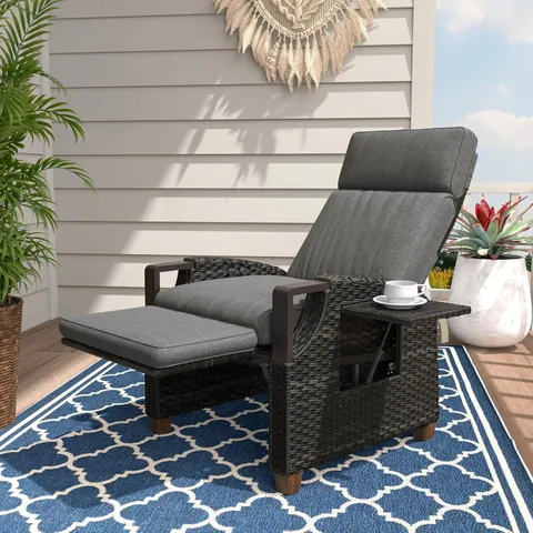 BOXED GRAND PATIO OUTDOOR RECLINER WITH INDEPENDENT ADJUSTABLE BACK AND FOOTREST, AIR PUMP 150° LAY FLAT RECLINING CHAIR REMOVABLE OLEFIN CUSHION FLIP-UP TABLE WICKER GREY 1PC