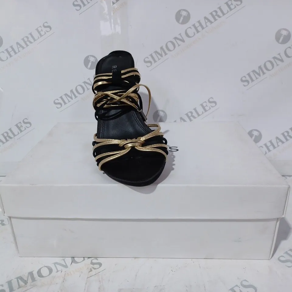 BOXED PAIR OF REISS CASSIDY STRAPPY HEELS IN BLACK/GOLD UK SIZE 4
