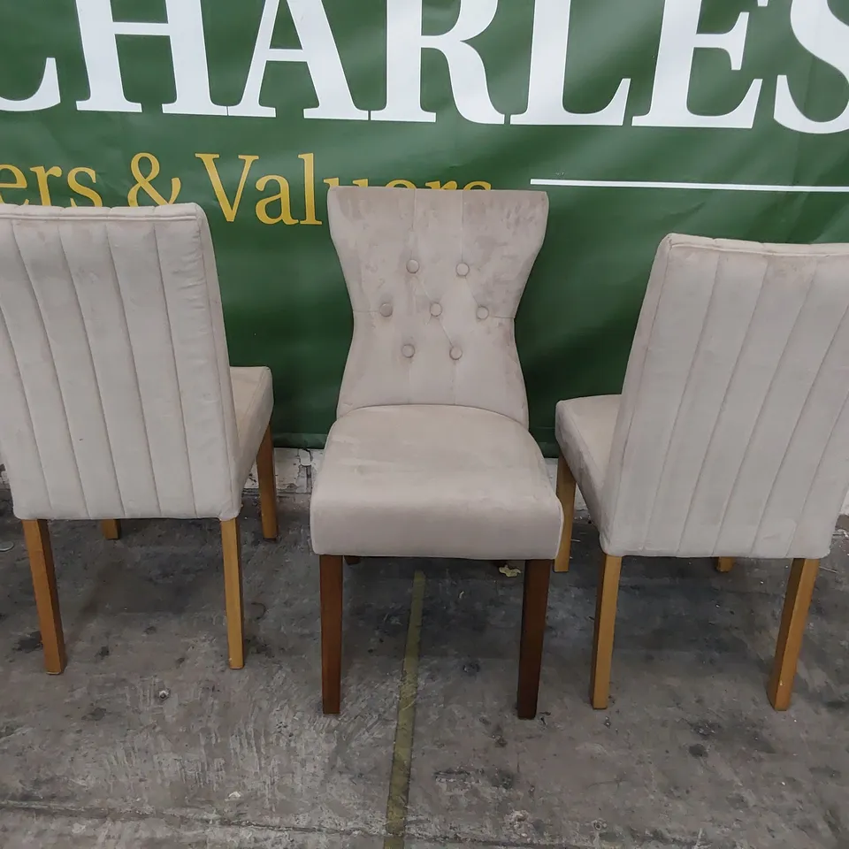 THREE ASSORTED UPHOLSTERED DINING CHAIRS BEIGE PLUSH FABRIC (PAIR + 1)