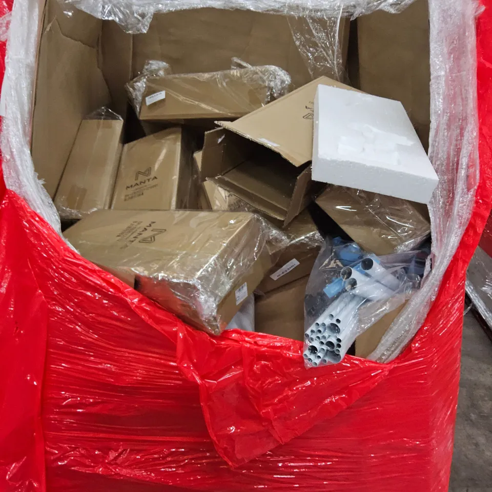 PALLET OF ASSORTED ITEMS TO INCLUDE, BAGS OF CRAFT FOAM, QUANTITY OF DECORATIVE POTTERY SCULPTURES, DRYING RACKS.