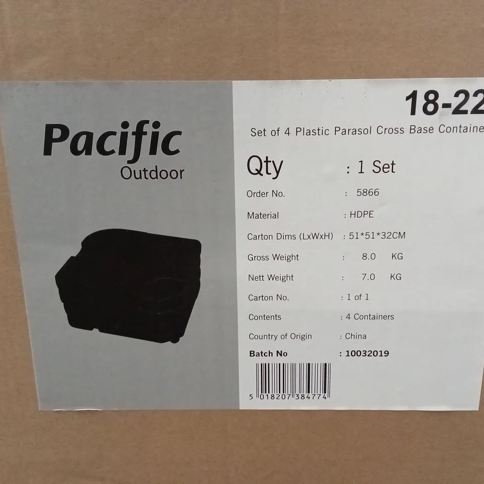 BOXED PACIFIC OUTDOOR SET OF 4 PLASTIC PARASOL CROSS BASE CONTAINERS