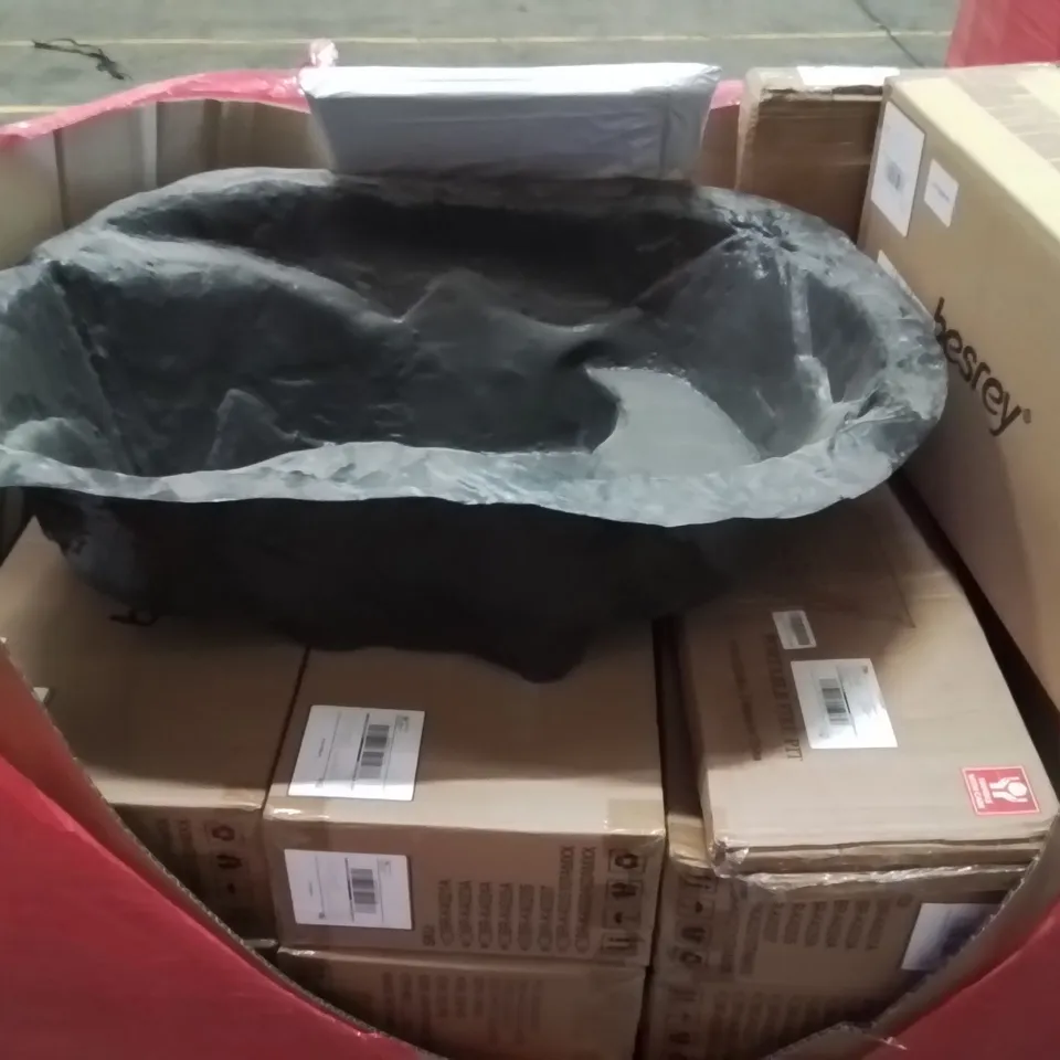 PALLET CONTAINING VARIOUS ASSORTED BOXED HOUSEHOLD ITEMS TO INCLUDE: FISH POND BASE, FIREPIT, KIDS SCOOTERS, BEACH TENTS AND LOTS MORE UNMARKED BOXED ITEMS 