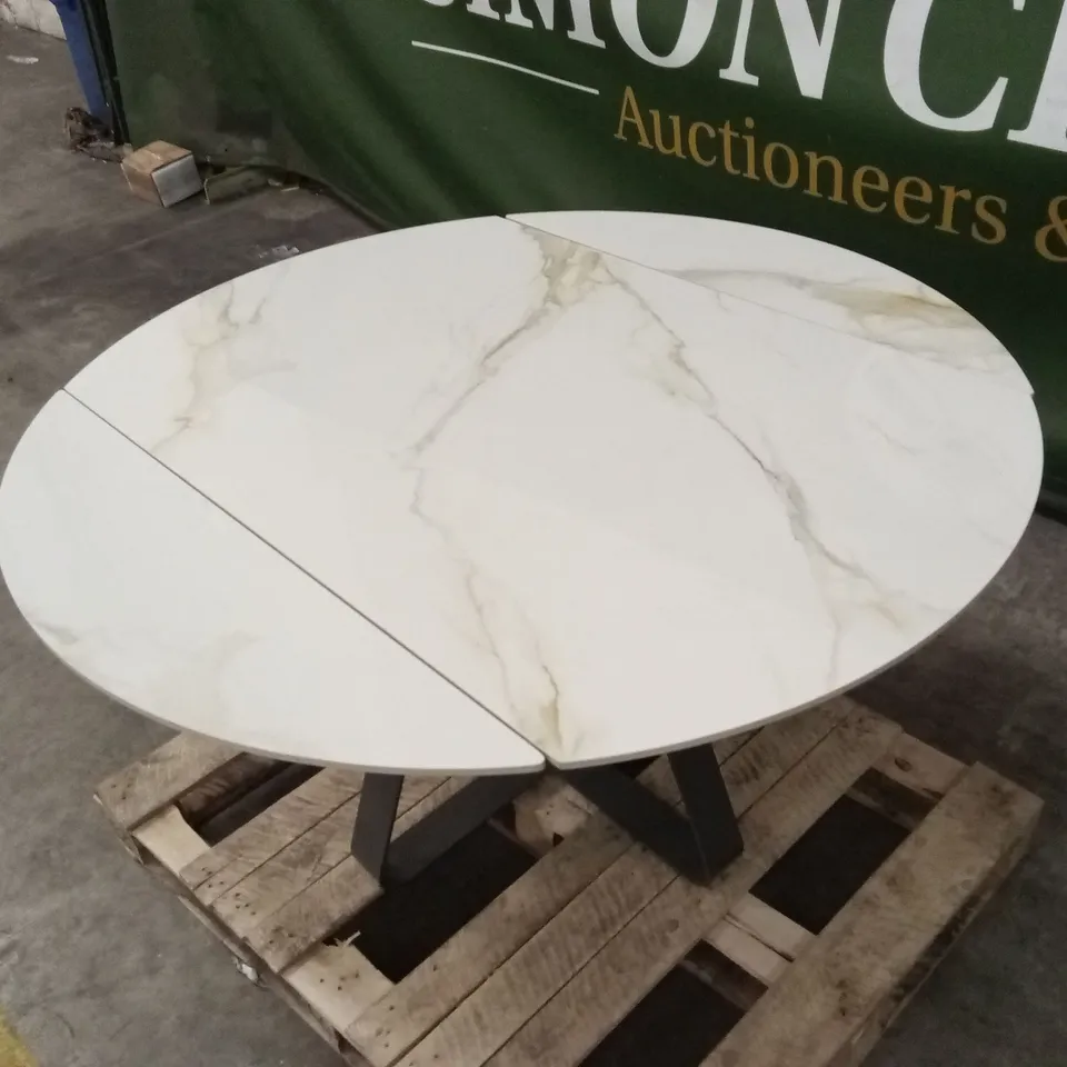 QUALITY DESIGNER ROUND EXTENDABLE DINING TABLE WITH WHITE MARBLE EFFECT TOP