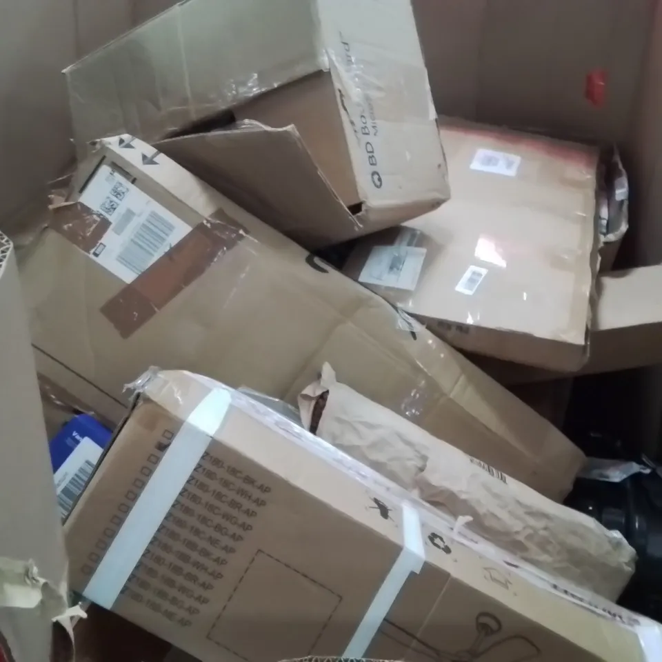 PALLET OF ASSORTED HOUSEHOLD GOODS AND PRODUCTS TO INCLUDE;CEILING FAN WITH LIGHT,SUITCASE,MICROWAVE