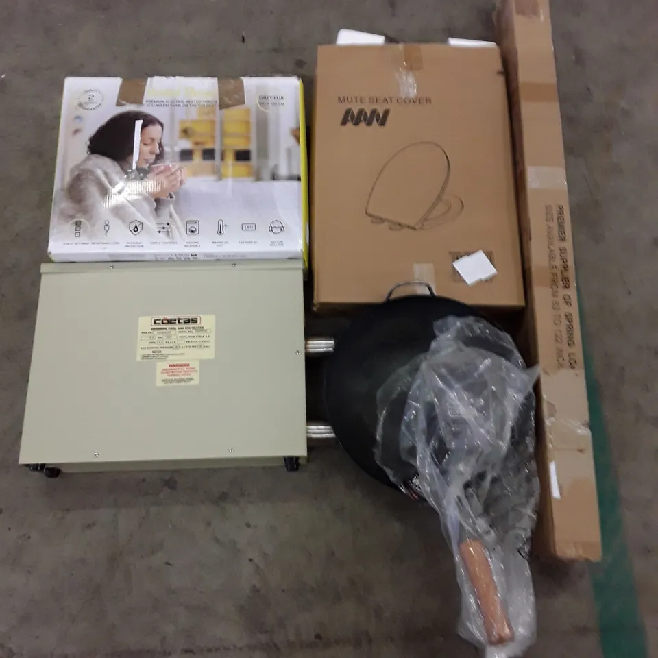 PALLET OF ASSORTED PRODUCTS INCLUDING HEATED THROW, SWIMMING POOL & SPA HEATER, TOILET SEAT, SPRING LOADED ROD, WOK