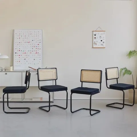 BOXED CHAIRS - SCANDINAVIAN VELVET DINING CHAIR - RATTAN BACK CHAIR - METAL LEGS 