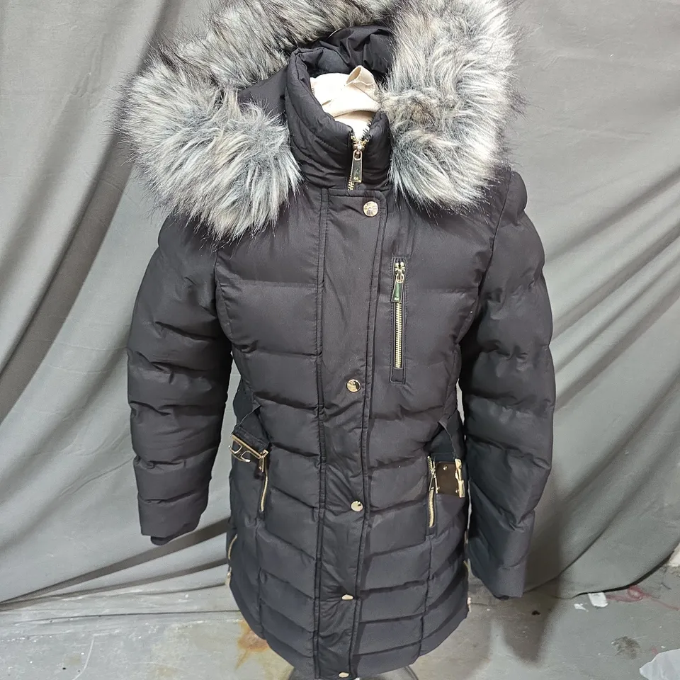 KAREN MILLEN BLACK FUR-TRIM HOODED PUFFER COAT – WOMEN'S UK 8