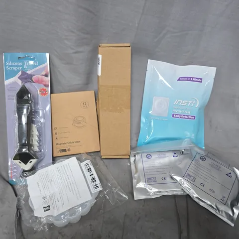 APPROXIMATELY 12 ASSORTED HOUSEHOLD ITEMS TO INCLUDE SILICONE TROWEL, HIV SELF TEST, MAGENTIC CABLE CLIPS, ETC