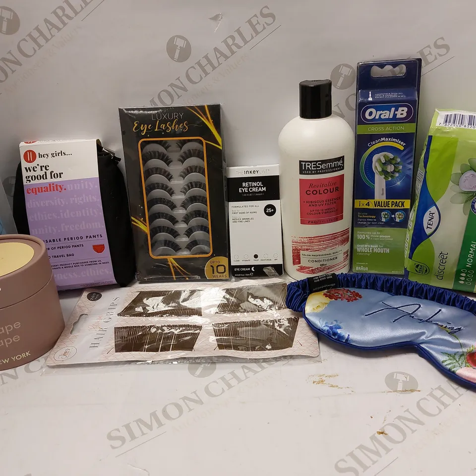LOT OF APPROX 12 ASSORTED BEAUTY PRODUCTS TO INCLUDE TRESEMME CONDITIONER, HEY GIRLS TAMPONS, NOOD SHAPE TAPE, ETC 