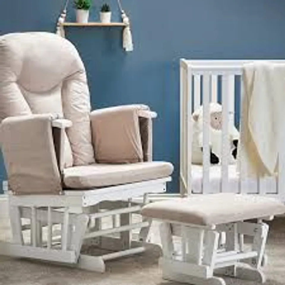 BOXED OBABY RECLINING GLIDE CHAIR AND STOOL - WHITE WITH SAND CUSHION (1 BOX)