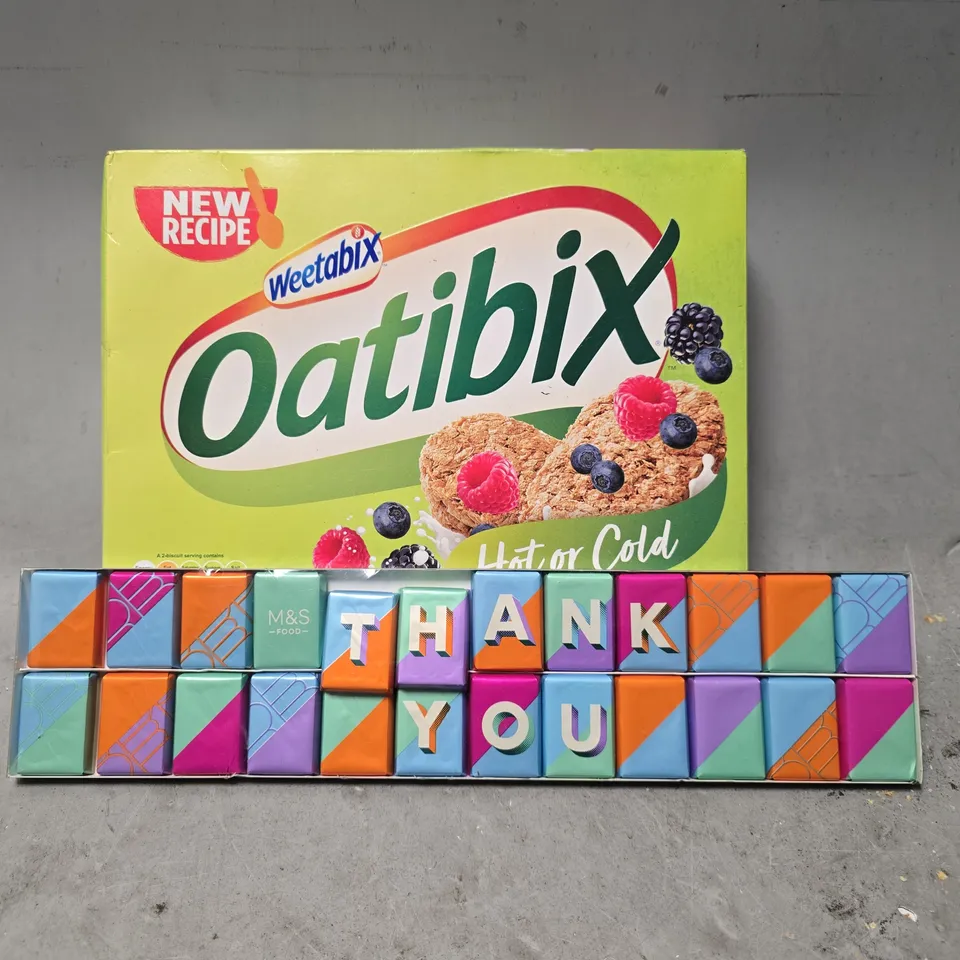 APPROXIMATELY 4 ASSORTED FOOD ITEMS TO INCLUDE - OATIBIX , M&S THANK YOU CHOCOLATE