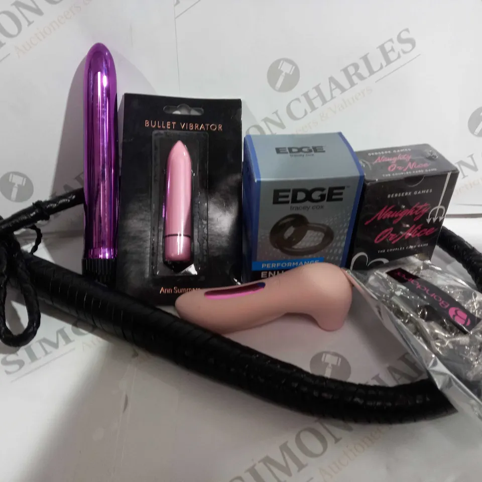 APPROXIMATELY 15 ASSORTED ADULT ITEMS TO INCLUDE BULLET VIBRATOR, BLACK WHIP, EDGE DOUBLE STAMINA RING, ETC