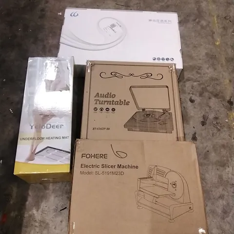 PALLET OF HOUSEHOLD ITEMS TO INCLUDE SHOWER SET,UNDERFLOOR HEATING MAT,AUDIO TURNTABLE, ELECTRIC SLICER MACHINE AND OTHER ASSORTED ITEMS...