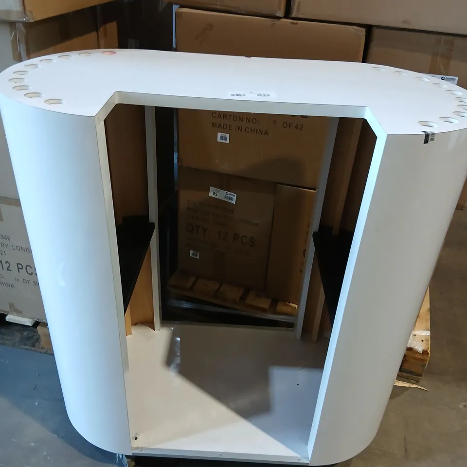 WHITE CURVED STORAGE CONSOLE ON WHEELS