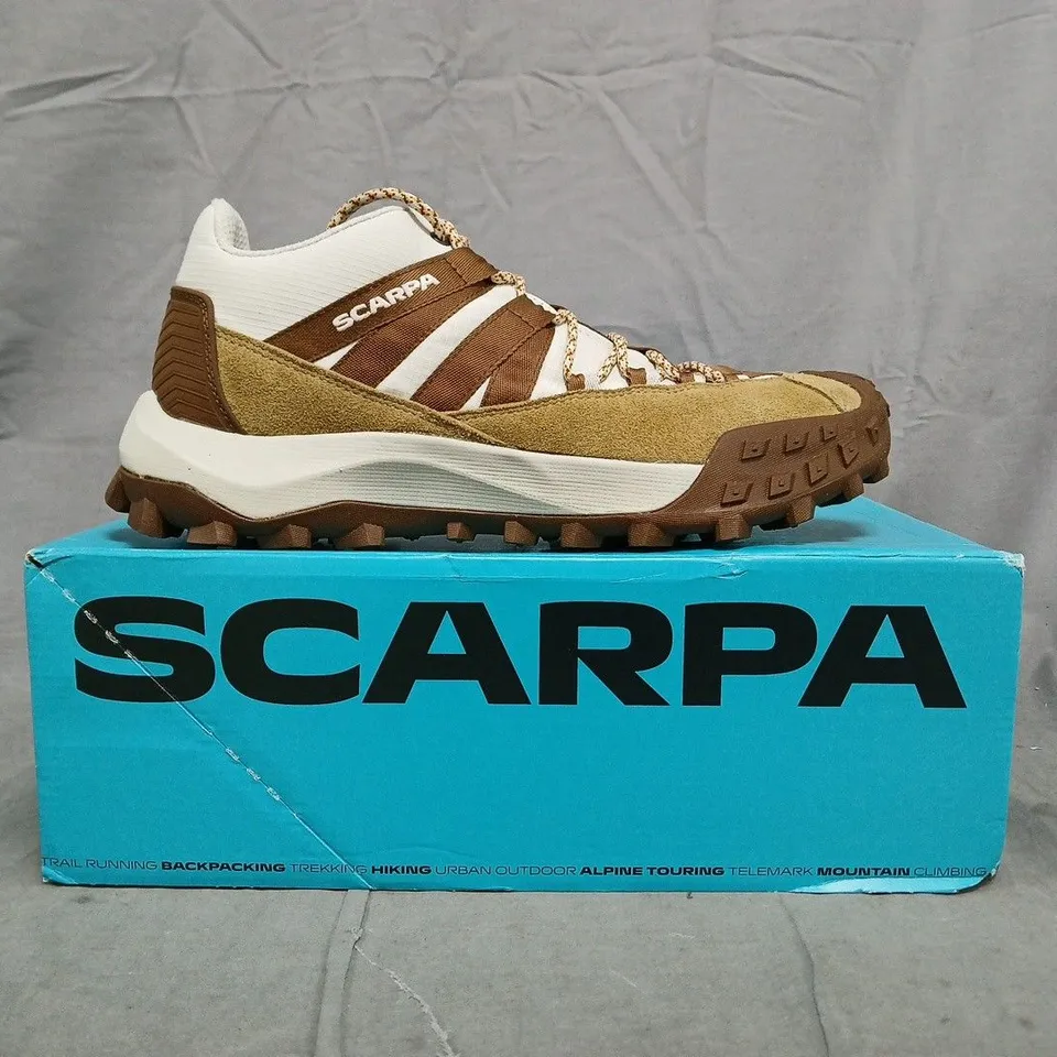 BOXED PAIR OF SCARPA TRAINERS IN IVORY/CHOCOLATE SIZE UK 8
