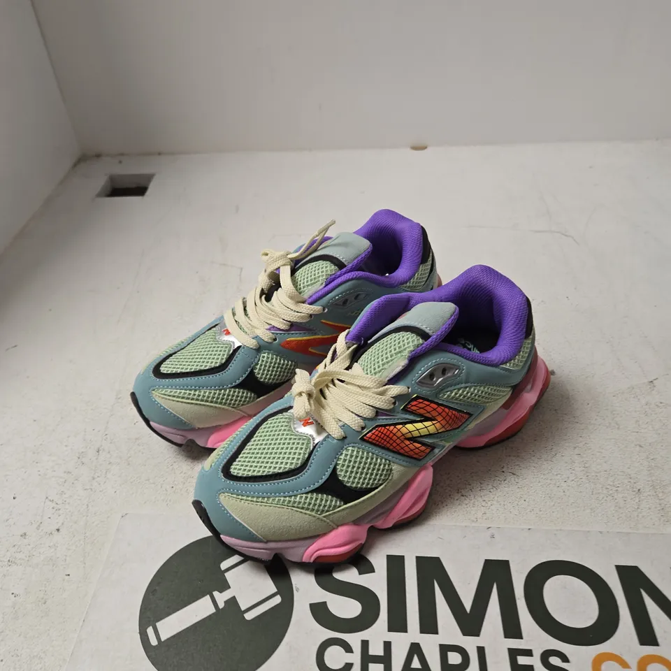 NEW BALANCE SNEAKERS UK7.5 – PASTEL BLUE/GREEN WITH PURPLE LINING AND PINK SOLE