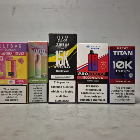 APPROXIMATELY 20 ASSORTED E-CIGARETTE PRODUCTS TO INCLUDE - CROWN BAR , HAYATI , 10K PUFFS ETC