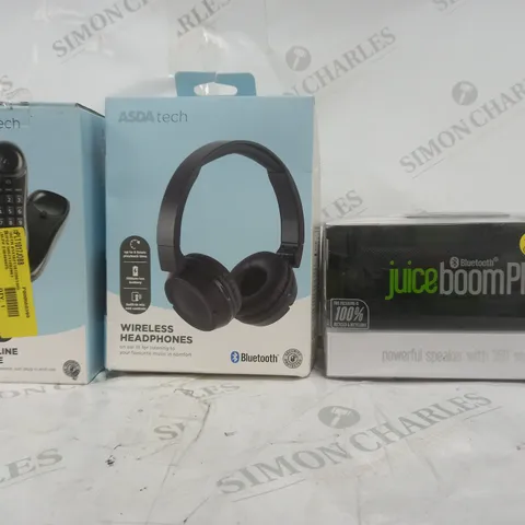 LARGE BOX OF ASSORTED ELECTRICAL ITEMS TO INCLUDE JUICEBOOM PRO SPEAKER, WIRELESS HEADPHONES, LANDLINE PHONE, ETC - COLLECTION ONLY