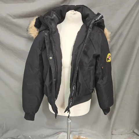 ZAVETTI CANADA PADDED FUR TRIM HOOD COAT IN BLACK SIZE L