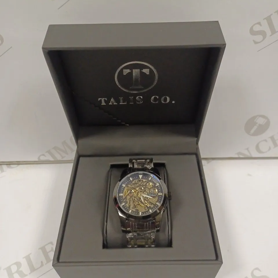 MEN’S TALIS CO 7820 AUTOMATIC WATCH – BLACK SKELETON DIAL AND CASE – STAINLESS STEEL STRAP – GLASS BACKCASE