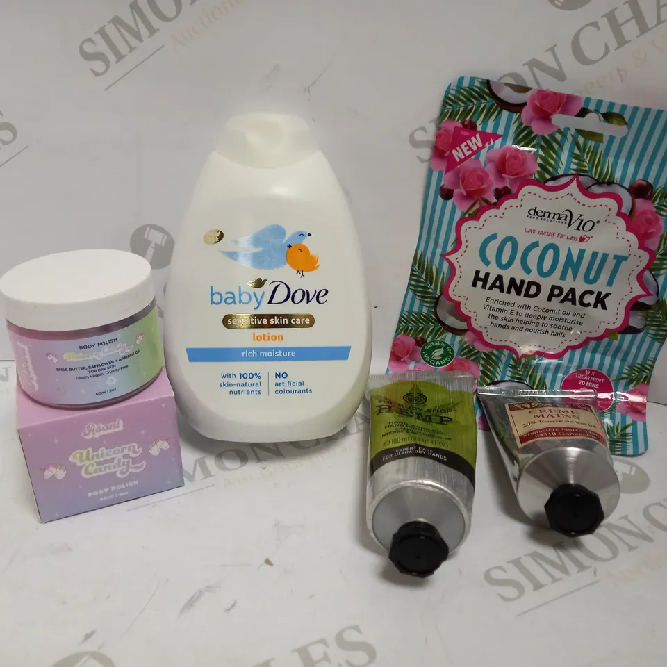 LOT OF APPROX 4 TO INCLUDE BABY DOVE LOTION , BODY POLISH , ETC