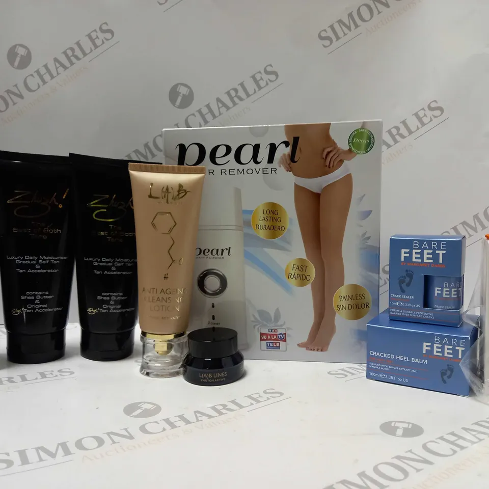 BOX OF APPROX 10 ASSORTED BEAUTY PRODUCTS TO INCLUDE LAB ANTI-AGEING CLEANSING LOTION, PEARL HAIR REMOVER, BAREFEET CRACK SEALER, ETC 