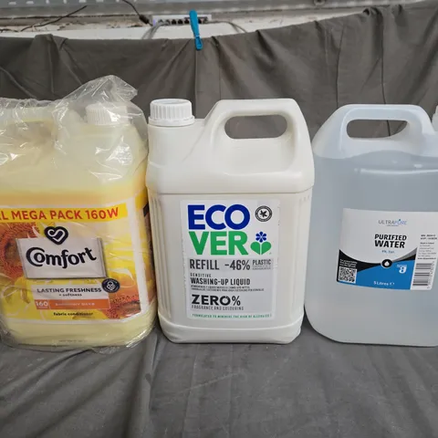 APPROXIMATELY 3 ASSSORTED CLEANING PRODUCTSTO INCLUDE - COMFORT FABRIC CONDITIONER - ECOVER WASHING UP LIQUID - ULTRAPURE PURIFIED WATER - COLLECTION ONLY