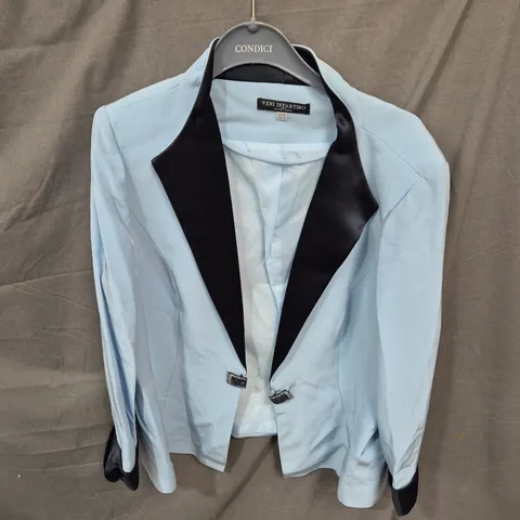 LIGHT BLUE TUXEDO-STYLE BLAZER WITH BLACK SATIN LAPELS – FORMAL JACKET - SIZE UNSPECIFIED