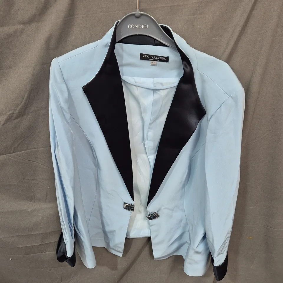 LIGHT BLUE TUXEDO-STYLE BLAZER WITH BLACK SATIN LAPELS – FORMAL JACKET - SIZE UNSPECIFIED
