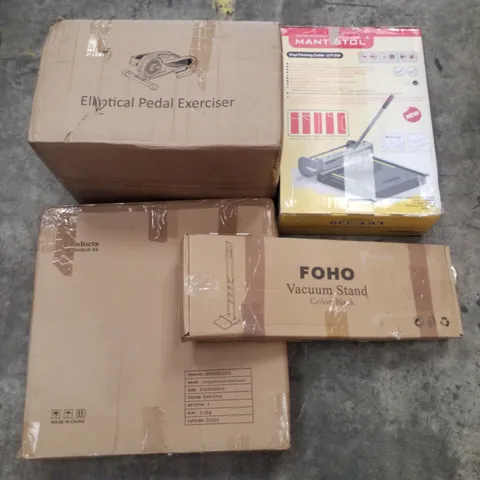 PALLET CONTAINING ASSORTED PRODUCTS INCLUDING ELLIPTICAL PEDAL EXERCISER, COLLAPSIBLE SOFT SIDED CRATE, VACUUM STAND & VINYL FLOORING CUTTER