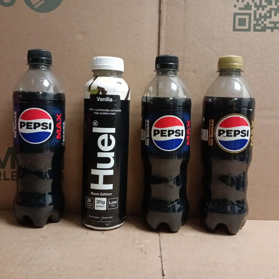 APPROXIMATELY 8 ASSORTED FOOD AND DRINK ITEMS TO INCLUDE PEPSI, HUEL, ETC