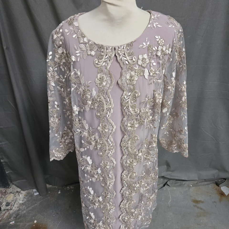 GINA BACCONA MESH EMBROIDERED DRESS IN WARM GREY SIZE 16