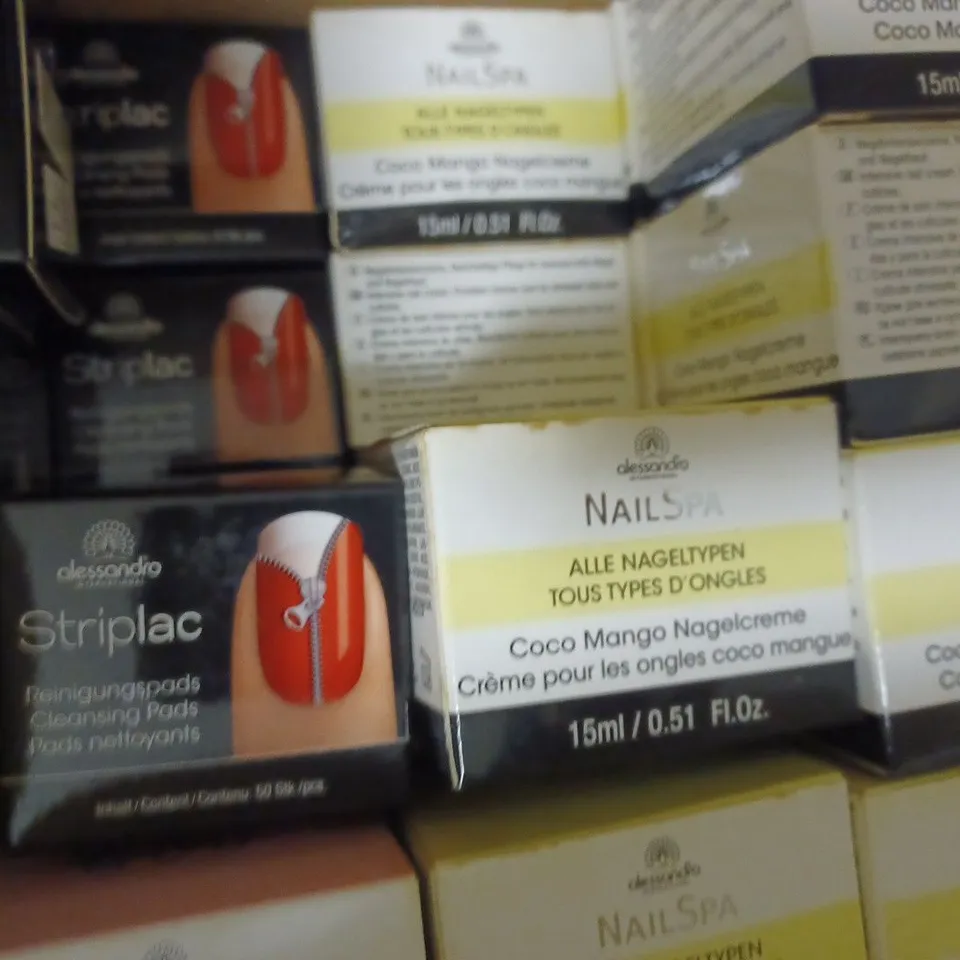 BOX OF APPROX 30 ASSORTED ALESSANDRO PRODUCTS TO INCLUDE STRIPLAC CLEANSING PADS, HANDISPA AGE COMPLEX VITAL SERUM, COCO MANGO NAIL BUTTER, ETC 