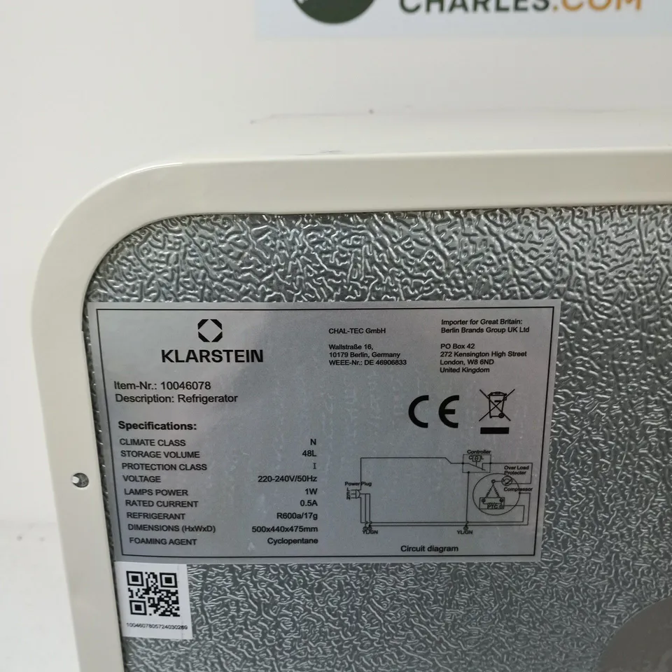 KLARSTEIN 48L COMPACT REFRIGERATOR – WHITE, 220–240V