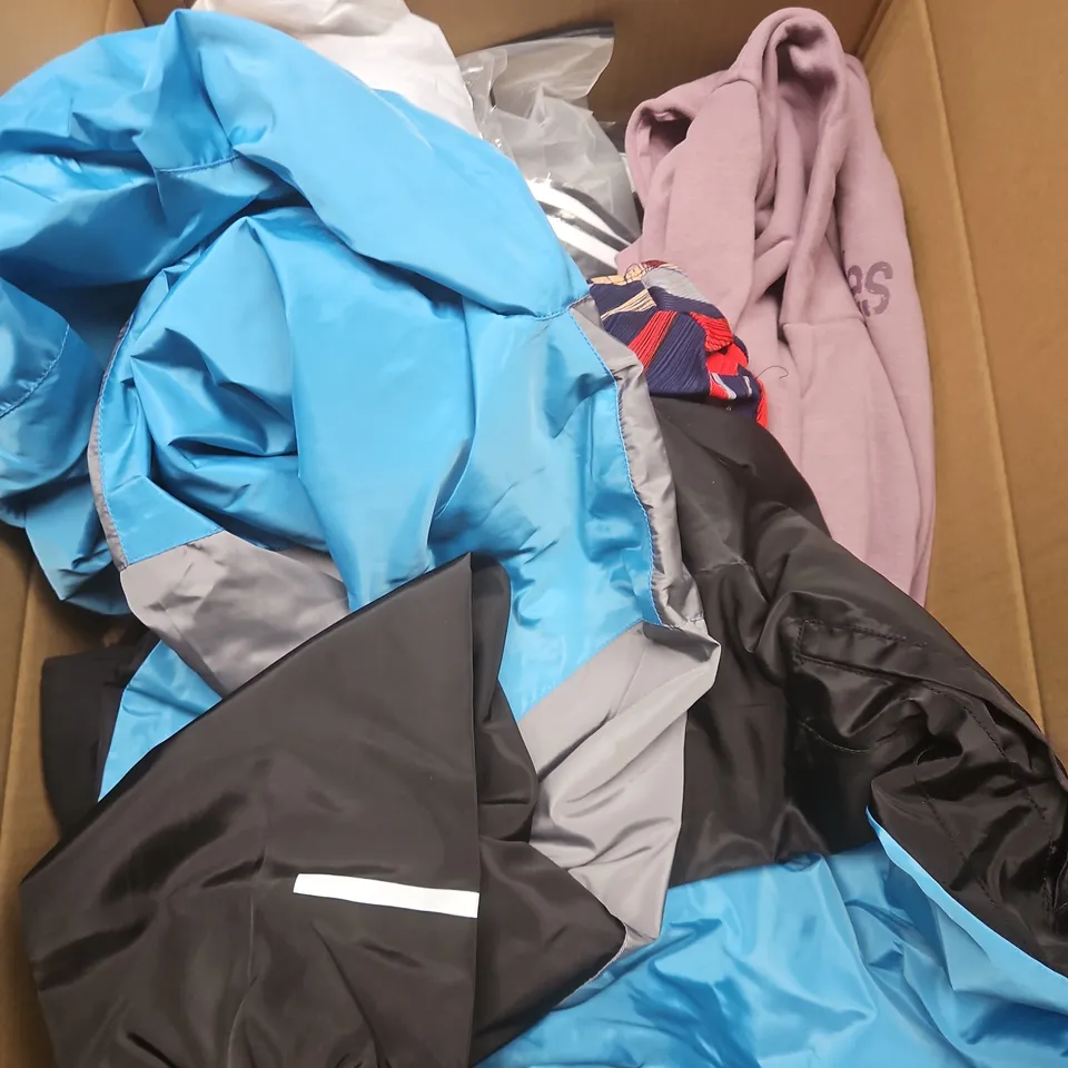 LARGE BOX OF APPROXIMATELY 25 ASSORTED CLOTHING ITEMS IN VARIOUS COLOURS, STYLES AND SIZES - COLLECTION ONLY