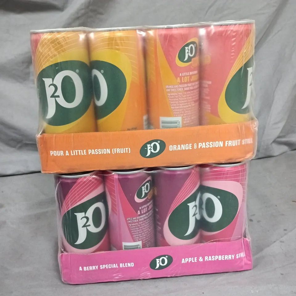 LOT OF 24 250ML CANS OF J20 - ORANGE & PASSION FRUIT + APPLE & RASPBERRY