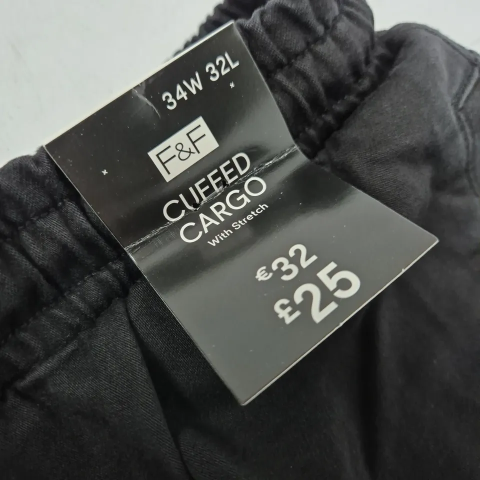 F&F Cuffed Cargo Trousers Black UK 34 Waist, 32in Leg