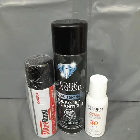 APPROXIMATELY 3 ASSORTED AEROSOLS TO INCLUDE - VASELINE, TURBO JET AIR SANITISER AND MITRE BOND