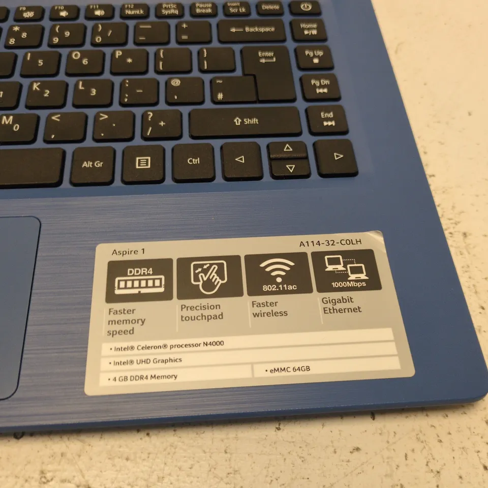ACER ASPIRE 1 A114-32 BLUE LAPTOP – INTEL CELERON N4000, 4GB RAM, 64GB EMMC, WINDOWS 10 S