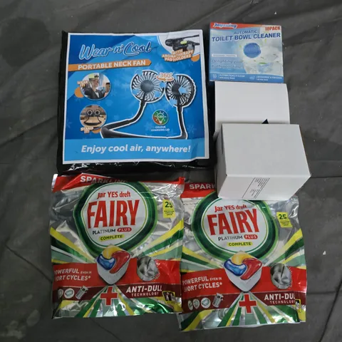 APPROXIMATELY 10 ASSORTED HOUSEHOLD ITEMS TO INCLUDE PORTABLE NECK FAN, FAIRY PLATINUM PLUS CAPSULES, JAYSUING TOILET BOWL CLEANER, ETC