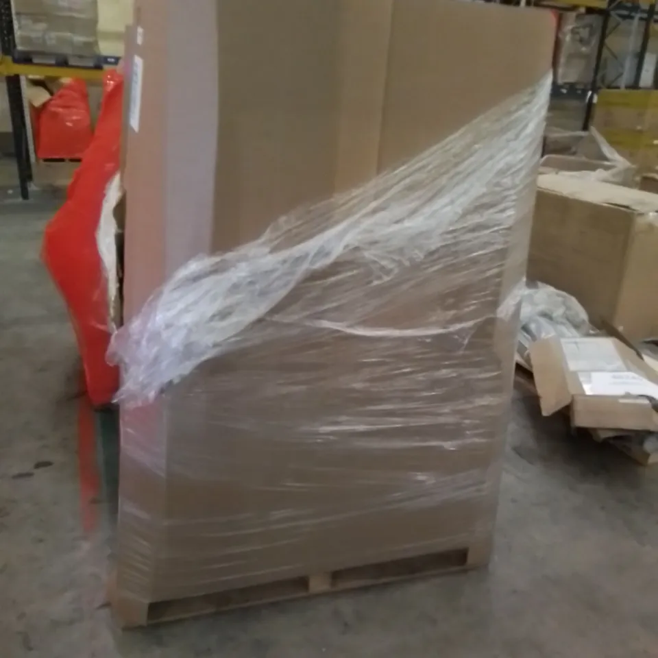 PALLET TO CONTAIN A LARGE ASSORTMENT OF HOME FURNITURE & HOME IMPROVEMENT PRODUCTS. INCLUDES TOILET RAIL, OFFICE CHAIR, COFFEE TABLE, FAN ETC 