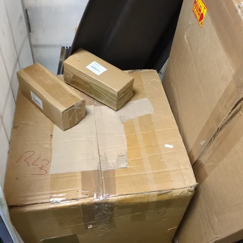 crate of large assorted items including large screen, metal parts shelf brackets etc. 