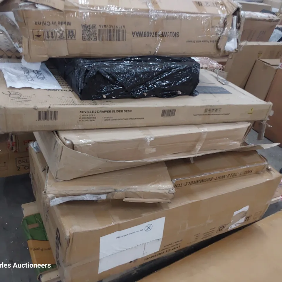 PALLET OF ASSORTED BOXED FURNITURE PARTS INCLUDING SOFA UNITS, DESK, TV UNIT & BED PARTS